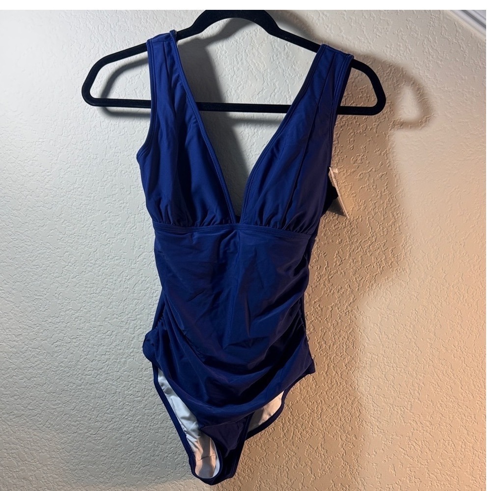 Eomenie Womens Royal Blue Ruched Tummy Control V-Neck One Piece Swimsuit NWT